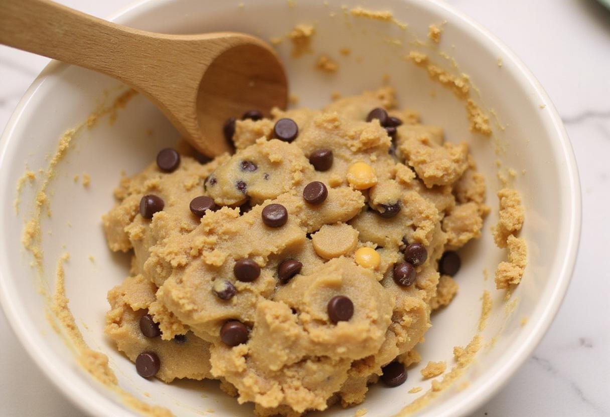 Folding together cookie dough with chocolate chips and butterscotch chips for butterscotch chocolate chip cookies, presenting a vibrant kitchen scene with inviting colors.