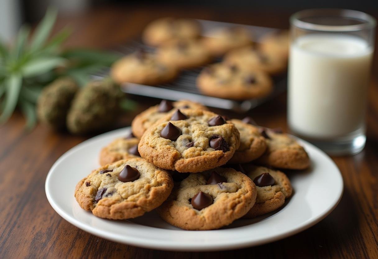 Delicious finished cannabis cookies displayed on a plate, showcasing the final result of the marijuana cookie recipe.