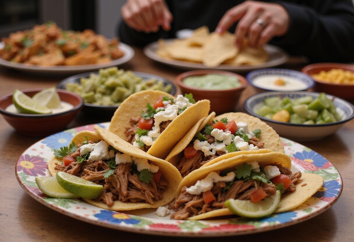 Delicious carnitas tacos beautifully arranged on a dining table, showcasing the perfect blend of toppings and sides for a flavorful meal.