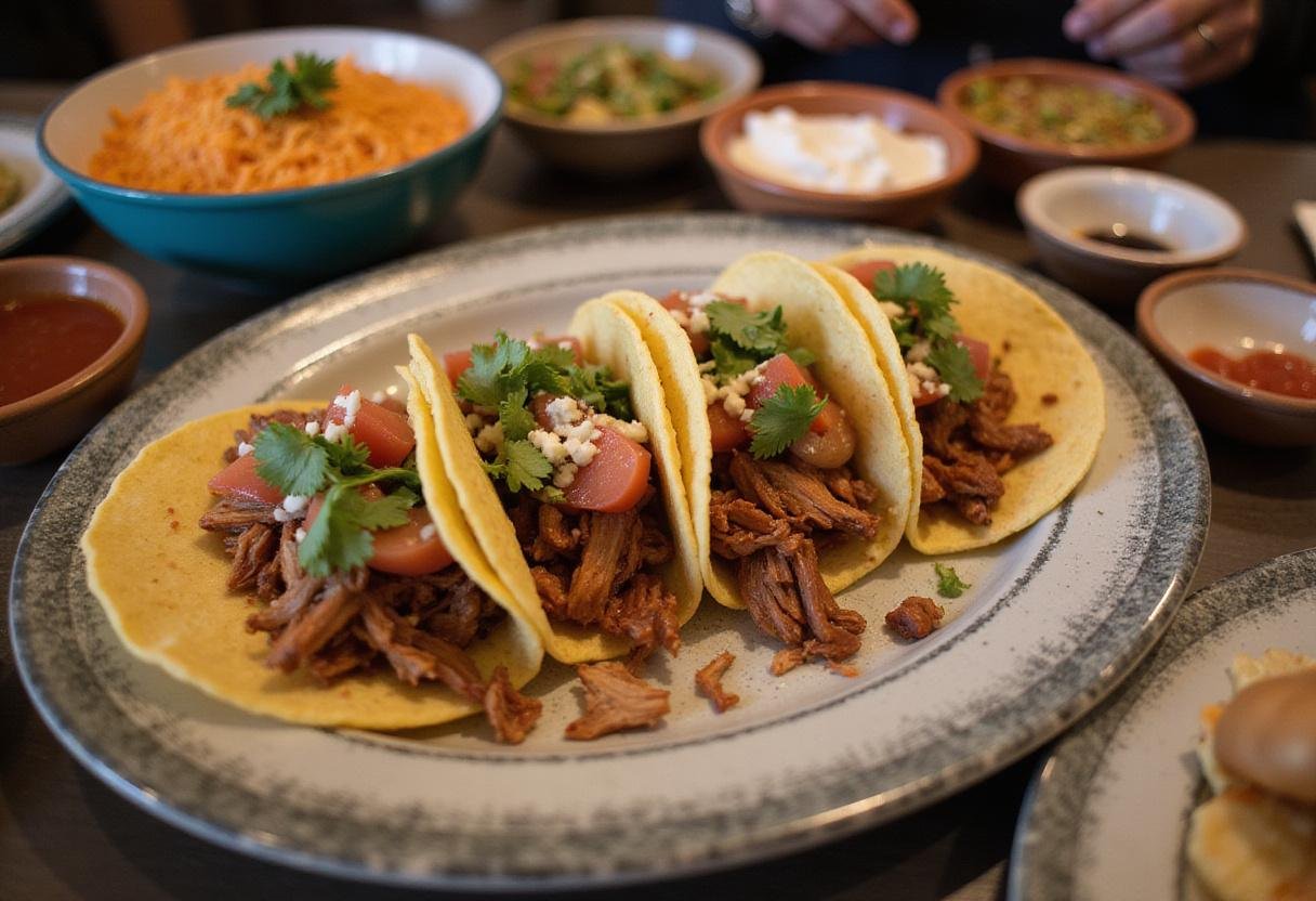 Delicious carnitas tacos beautifully arranged on a dining table, showcasing the perfect blend of toppings and sides for a flavorful meal.