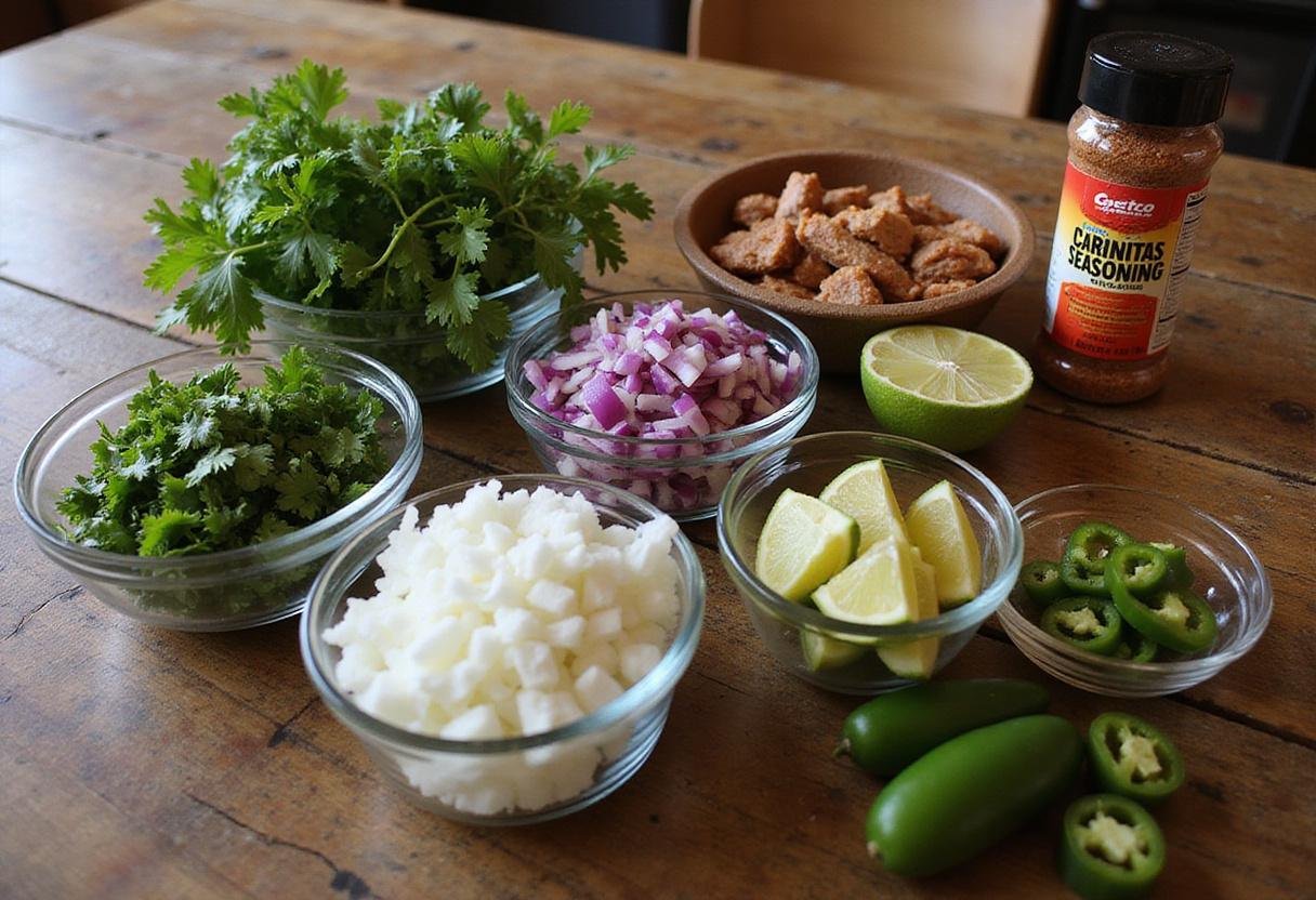 Carnitas toppings and sides ingredients including cilantro, onions, lime, jalapenos, and Costco carnitas seasoning on a kitchen table.