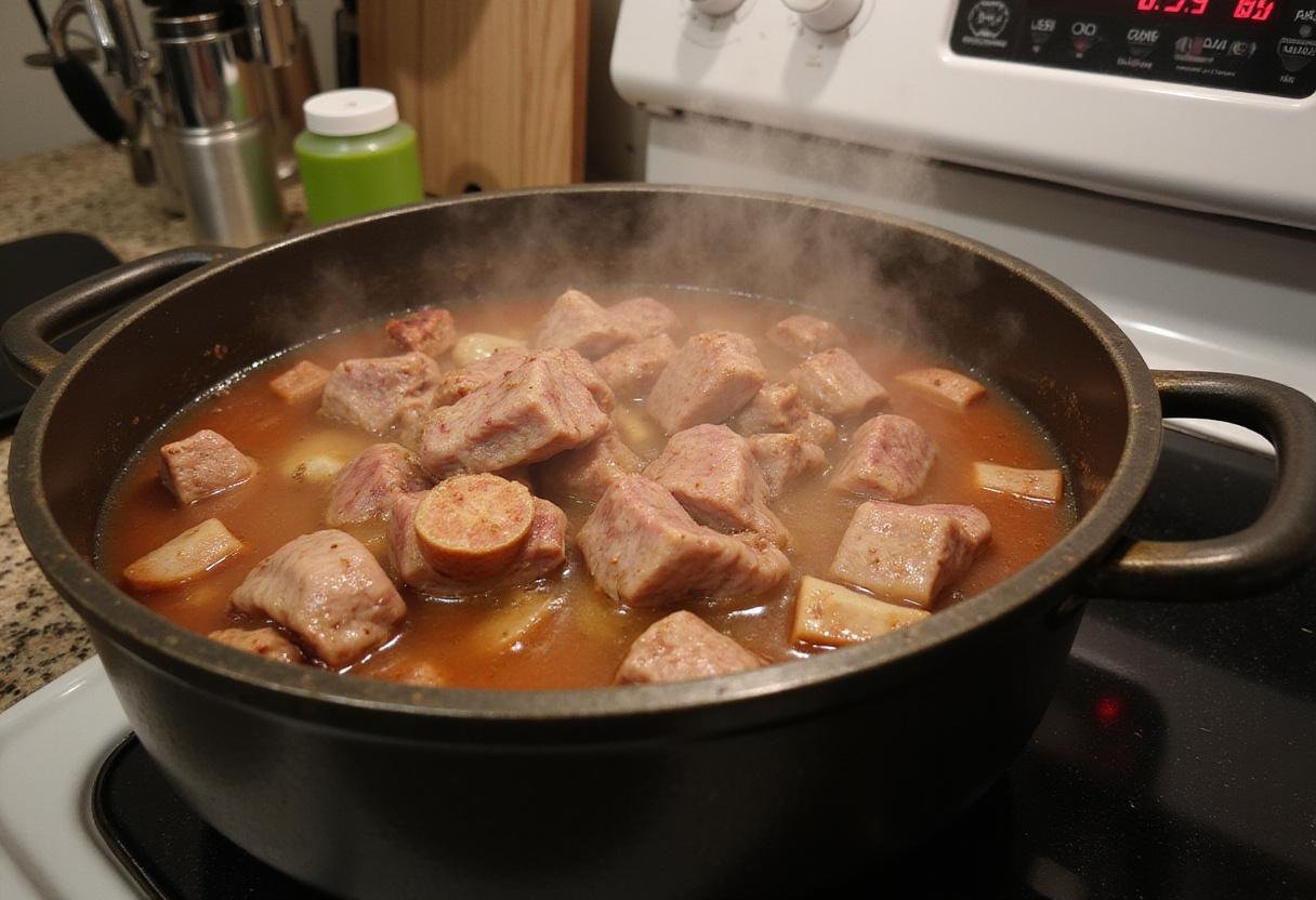 Pork simmering in a pot as part of the carnitas preparation process, showcasing the heat and cooking method for flavorful taco toppings.