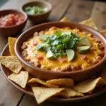 A delicious display of cheesy chicken enchilada dip, perfect for parties or gatherings, served with crunchy tortilla chips.