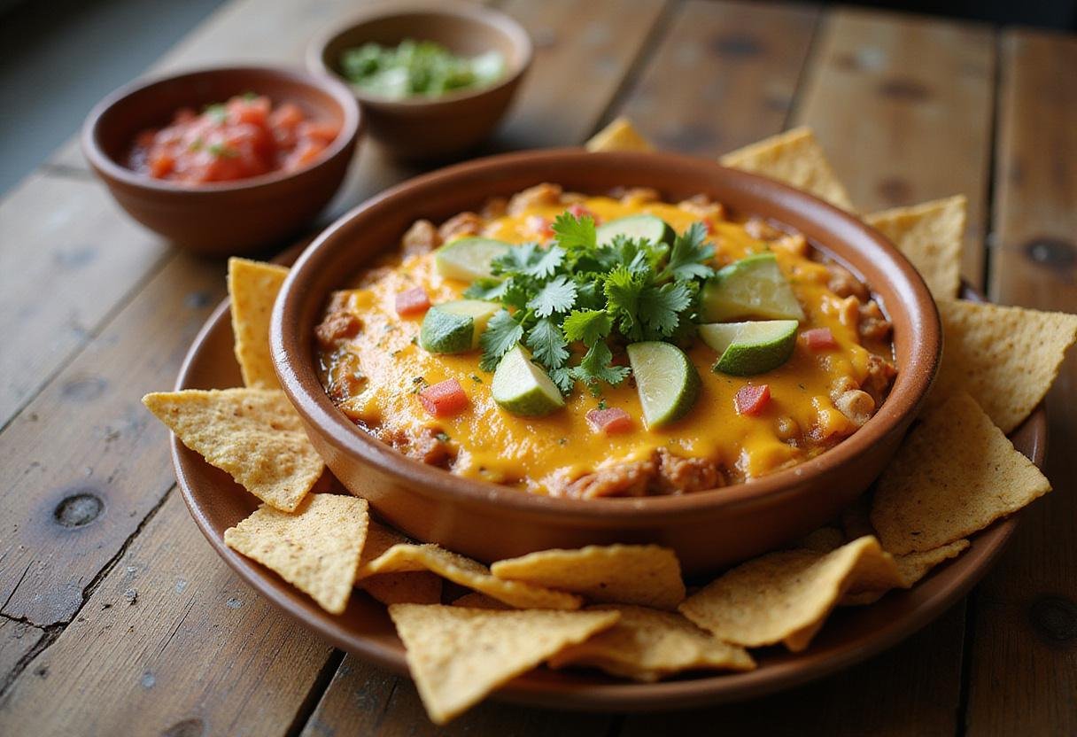 A delicious display of cheesy chicken enchilada dip, perfect for parties or gatherings, served with crunchy tortilla chips.