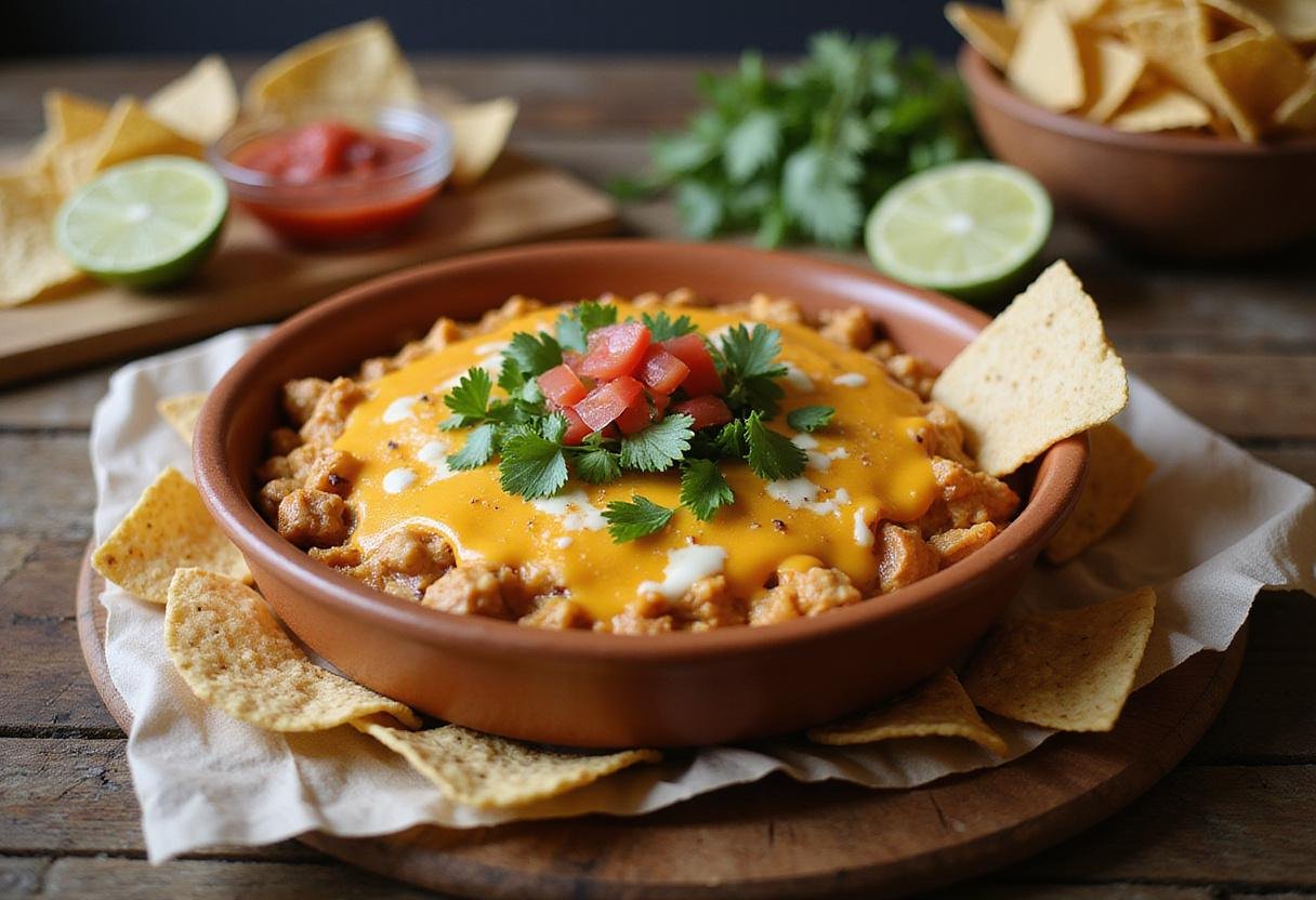 A delicious display of cheesy chicken enchilada dip, perfect for parties or gatherings, served with crunchy tortilla chips.