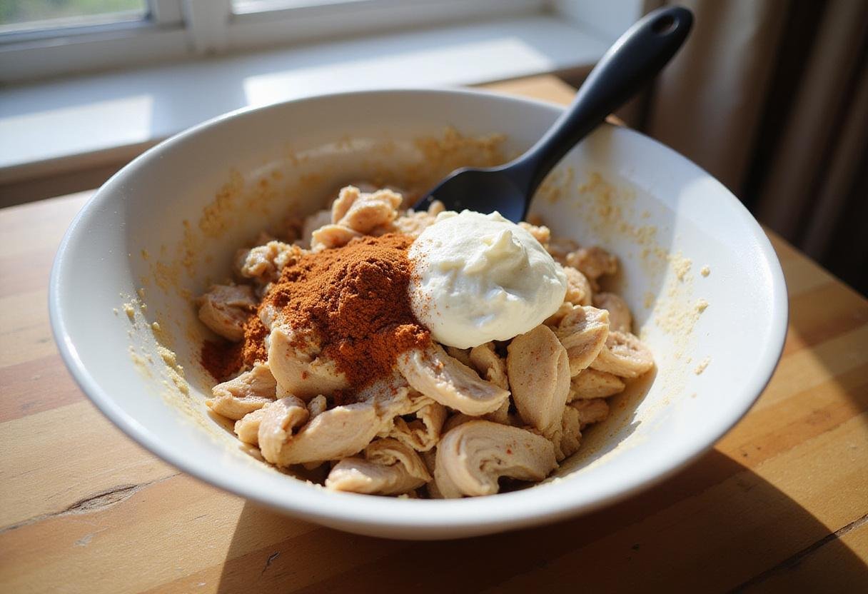 Mixing shredded chicken and cream cheese for a delicious chicken enchilada dip.