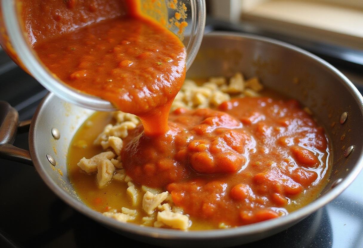 Adding salsa and chicken mixture to a saucepan to prepare tasty chicken enchilada dip.