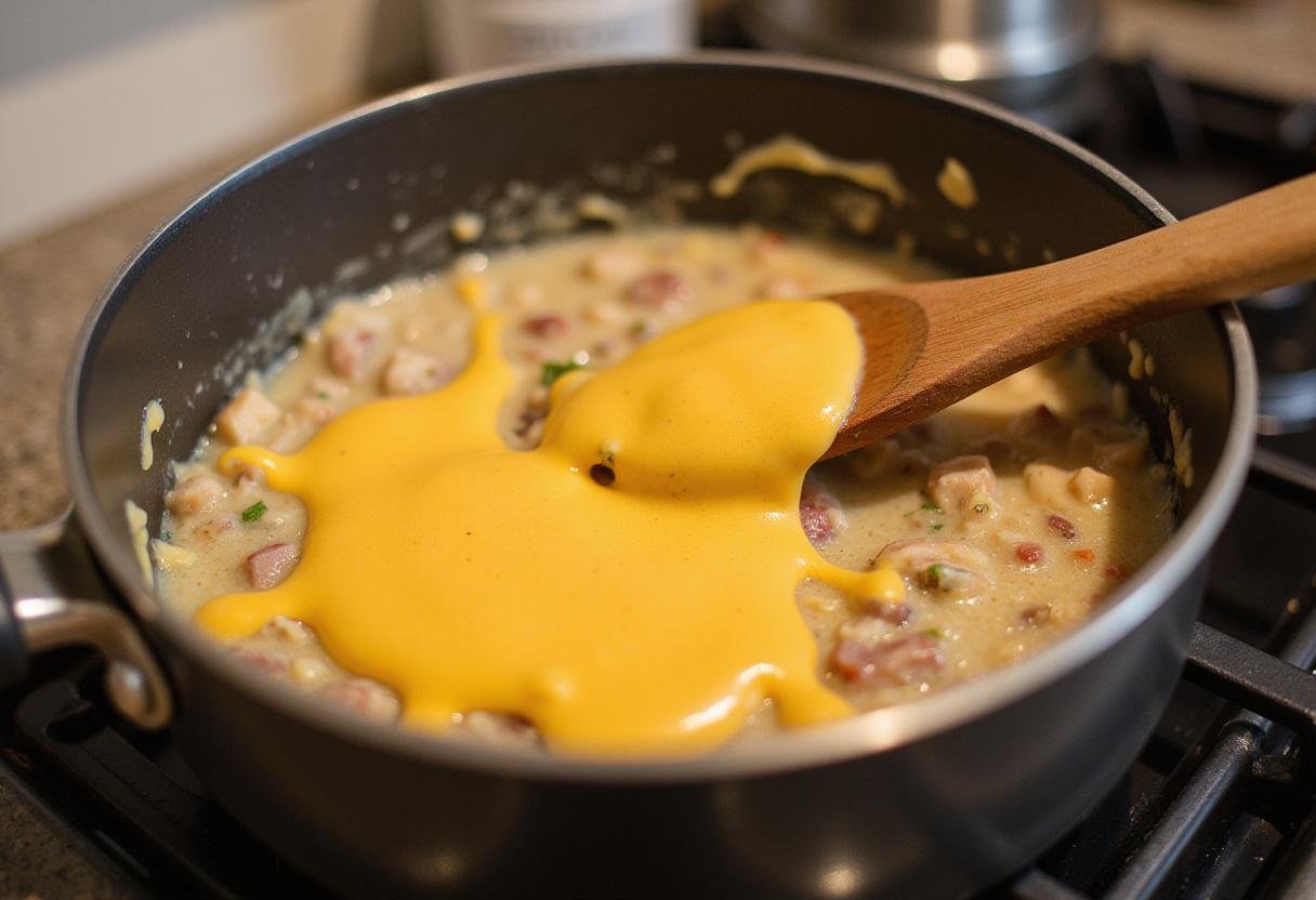 Stirring melted cheese with chicken and salsa in a saucepan for a creamy chicken enchilada dip.