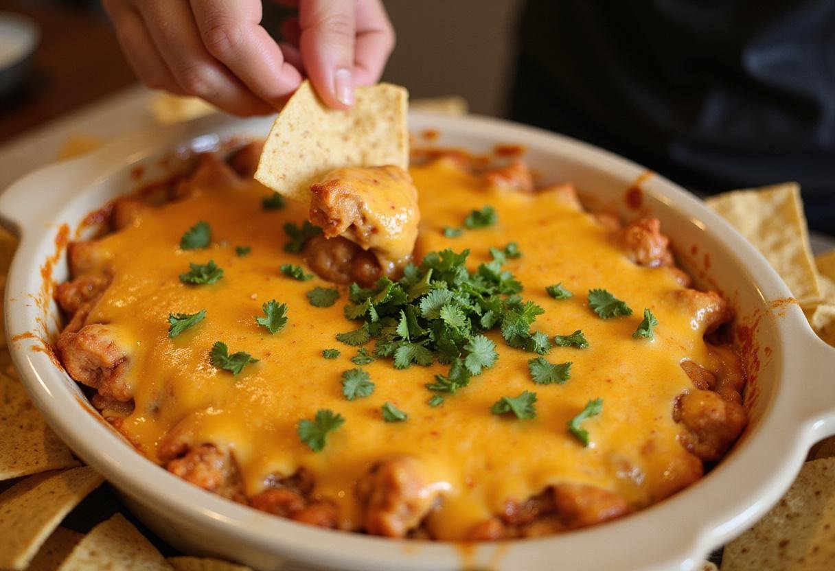 Filling a serving dish with cheesy chicken enchilada dip, served with crunchy tortilla chips for a perfect appetizer.