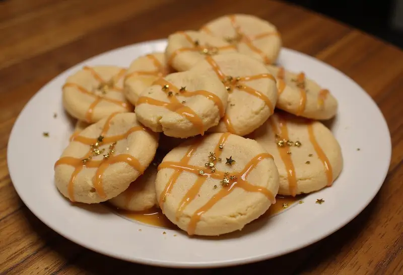 Elegant presentation of Chewy Ravenclaw Butterbeer Cream Cheese Cookies drizzled with butterscotch sauce and garnished, perfect for a magical treat.