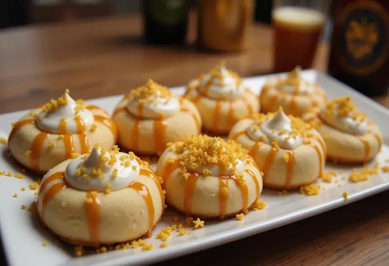 Elegant presentation of Chewy Ravenclaw Butterbeer Cream Cheese Cookies drizzled with butterscotch sauce and garnished, perfect for a magical treat.