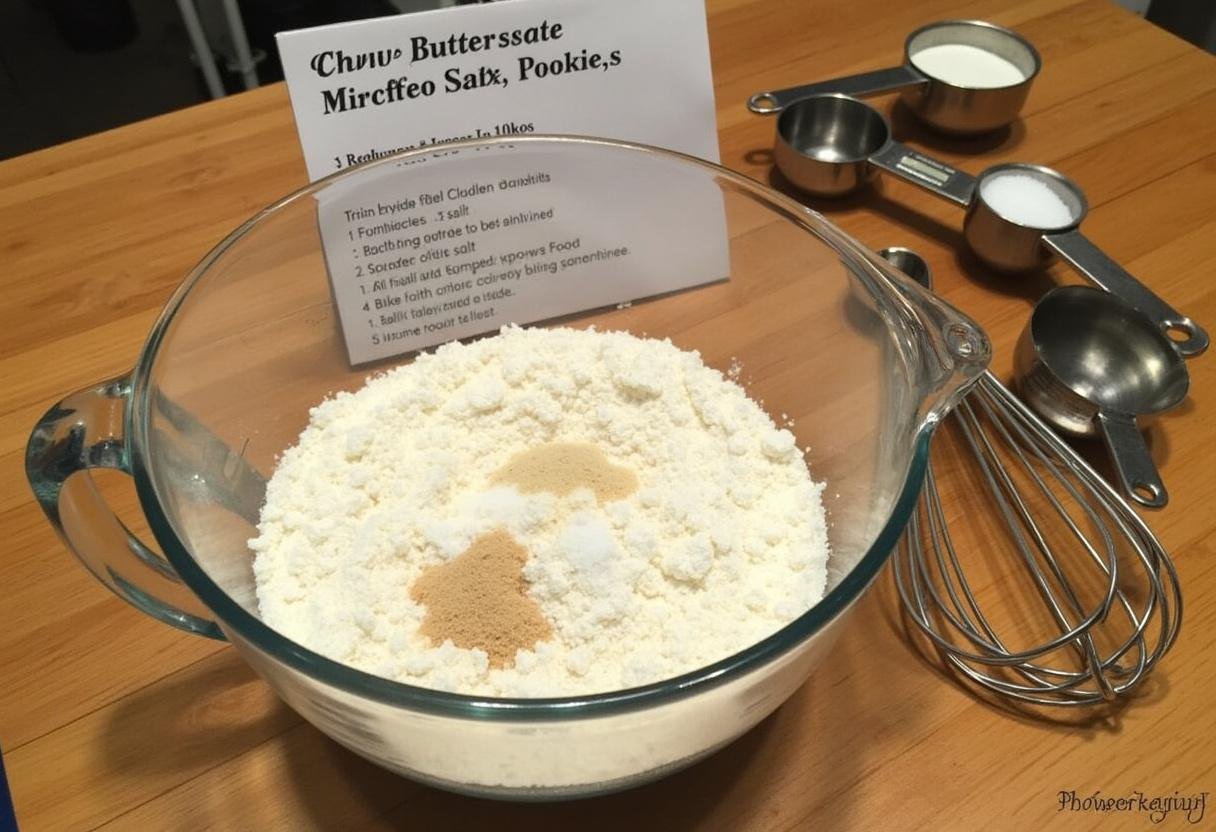 Mixing dry ingredients for Chewy Ravenclaw Butterbeer Cream Cheese Cookies, including flour, baking soda, and salt in a cozy kitchen.