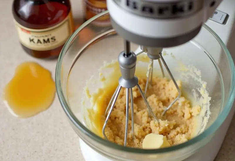 Mixing the creamy batter for Chewy Ravenclaw Butterbeer Cream Cheese Cookies, featuring butter, sugars, and cream cheese in a bright kitchen.