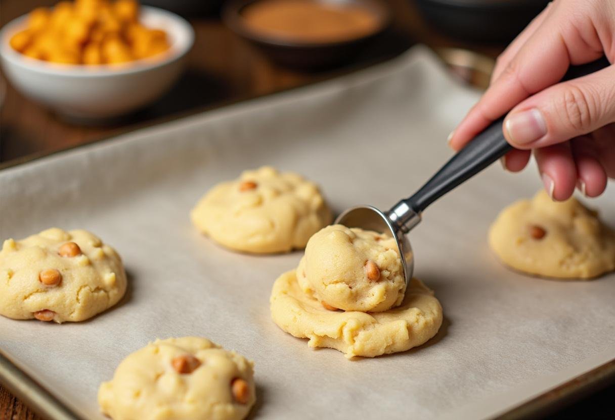 Scooping cookie dough for Chewy Ravenclaw Butterbeer Cream Cheese Cookies onto a baking sheet, showcasing butterscotch chips and sweet spices.