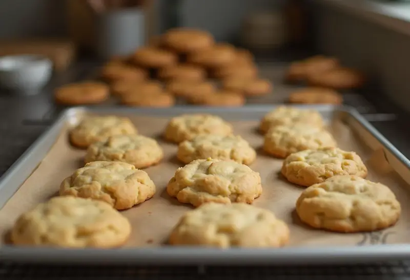 Freshly baked Chewy Ravenclaw Butterbeer Cream Cheese Cookies cooling on a wire rack, highlighting their golden brown edges and delicious texture.