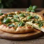 Delicious chicken pesto pizza fresh out of the oven, golden crust and vibrant toppings.