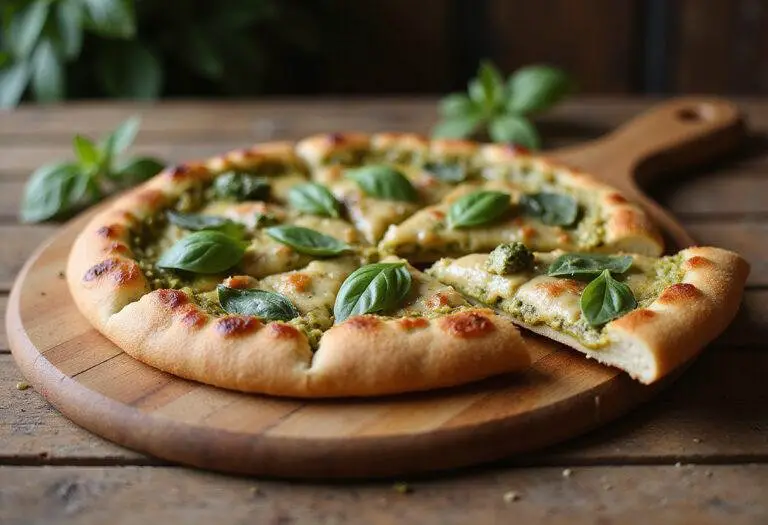 Delicious chicken pesto pizza fresh out of the oven, golden crust and vibrant toppings.