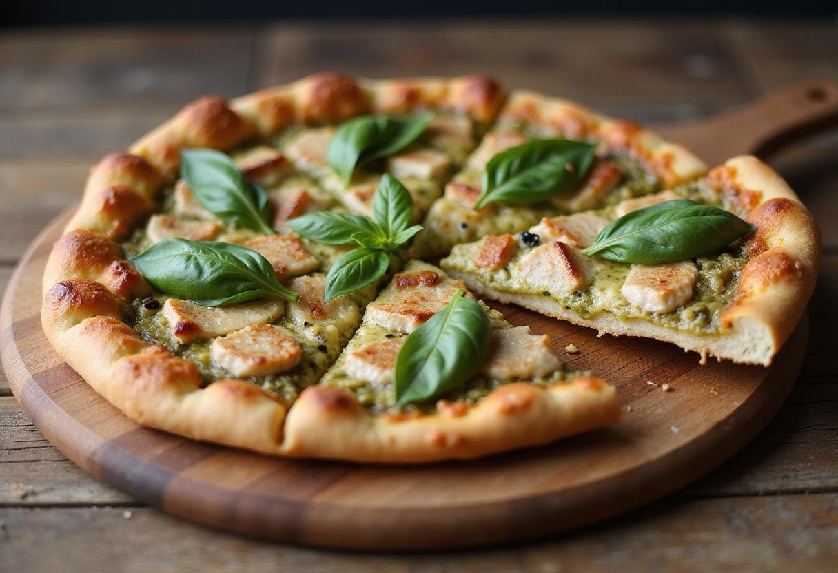 Delicious chicken pesto pizza fresh out of the oven, golden crust and vibrant toppings.