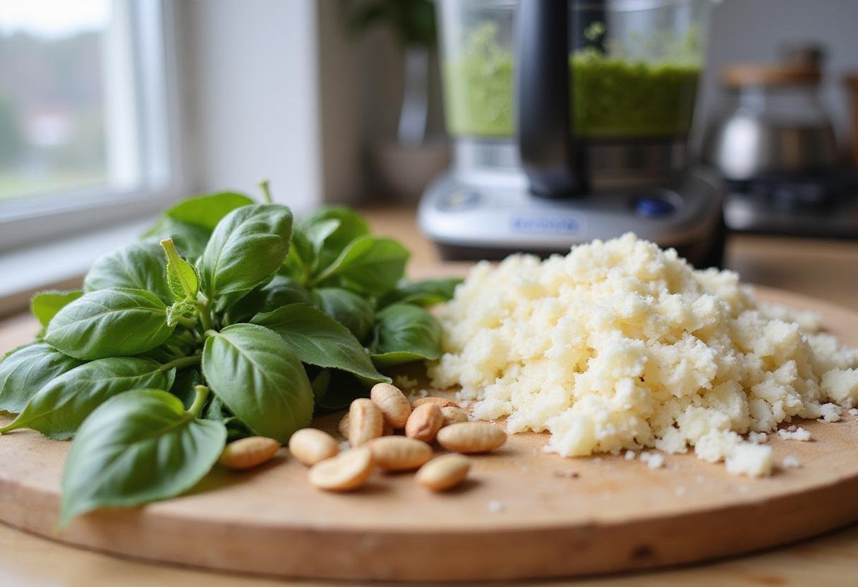 Fresh basil, pine nuts, and parmesan cheese on a board for chicken pesto pizza preparation.