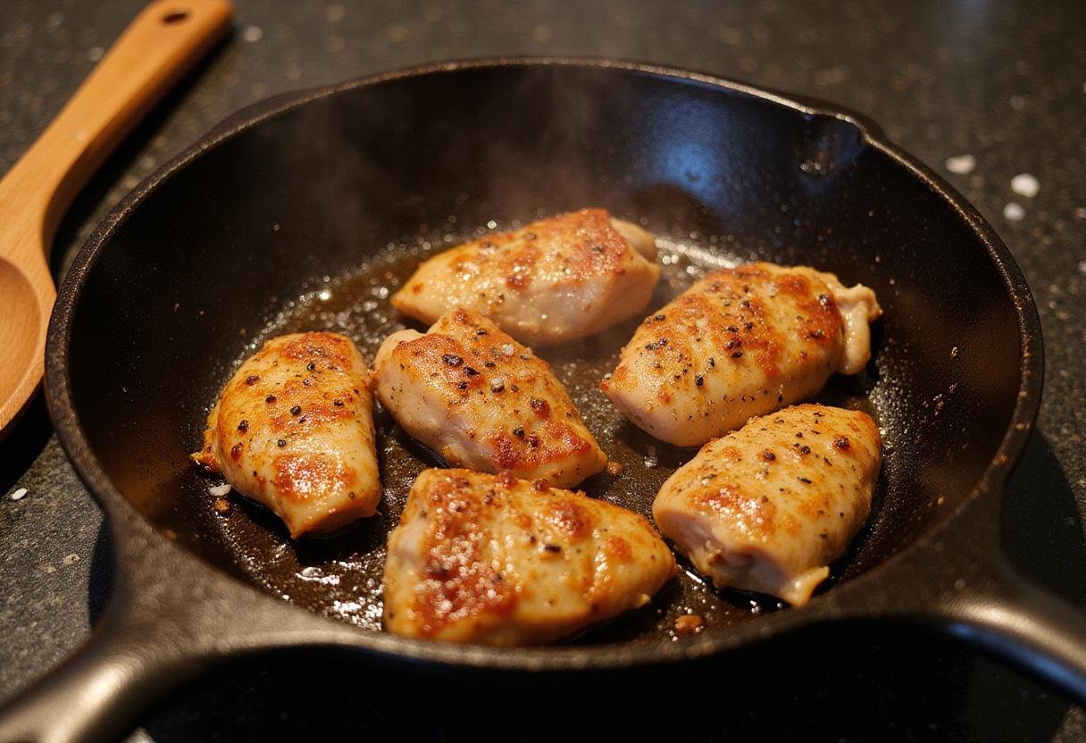 Sizzling marinated chicken pieces cooking for delicious pesto chicken pizza.
