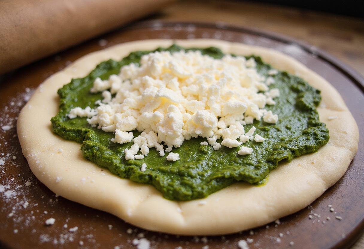 Rolled pizza dough with pesto sauce for a homemade chicken pesto pizza base.