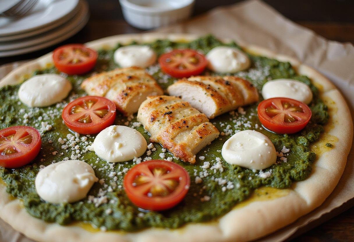 Assembled chicken pesto pizza with cooked chicken, cherry tomatoes, and mozzarella cheese.