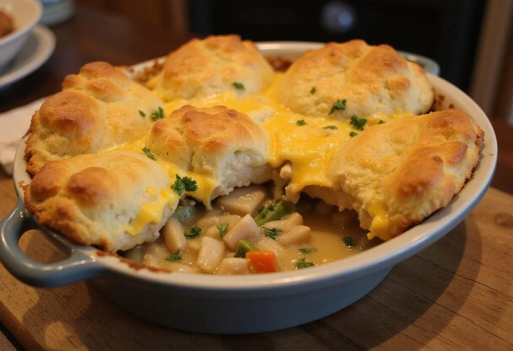 Delicious chicken pot pie casserole with cheddar bay biscuits, showcasing a golden crust and hearty filling, perfect for family meals.