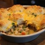 Delicious chicken pot pie casserole with cheddar bay biscuits, showcasing a golden crust and hearty filling, perfect for family meals.