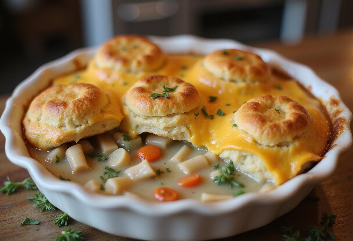 Delicious chicken pot pie casserole with cheddar bay biscuits, showcasing a golden crust and hearty filling, perfect for family meals.
