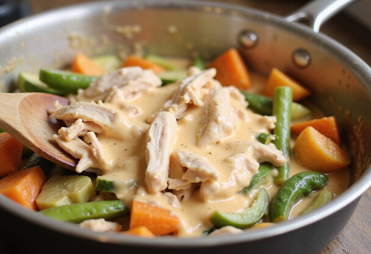 Mixing shredded chicken and creamy sauce for chicken pot pie casserole with cheddar bay biscuits for a rich filling.