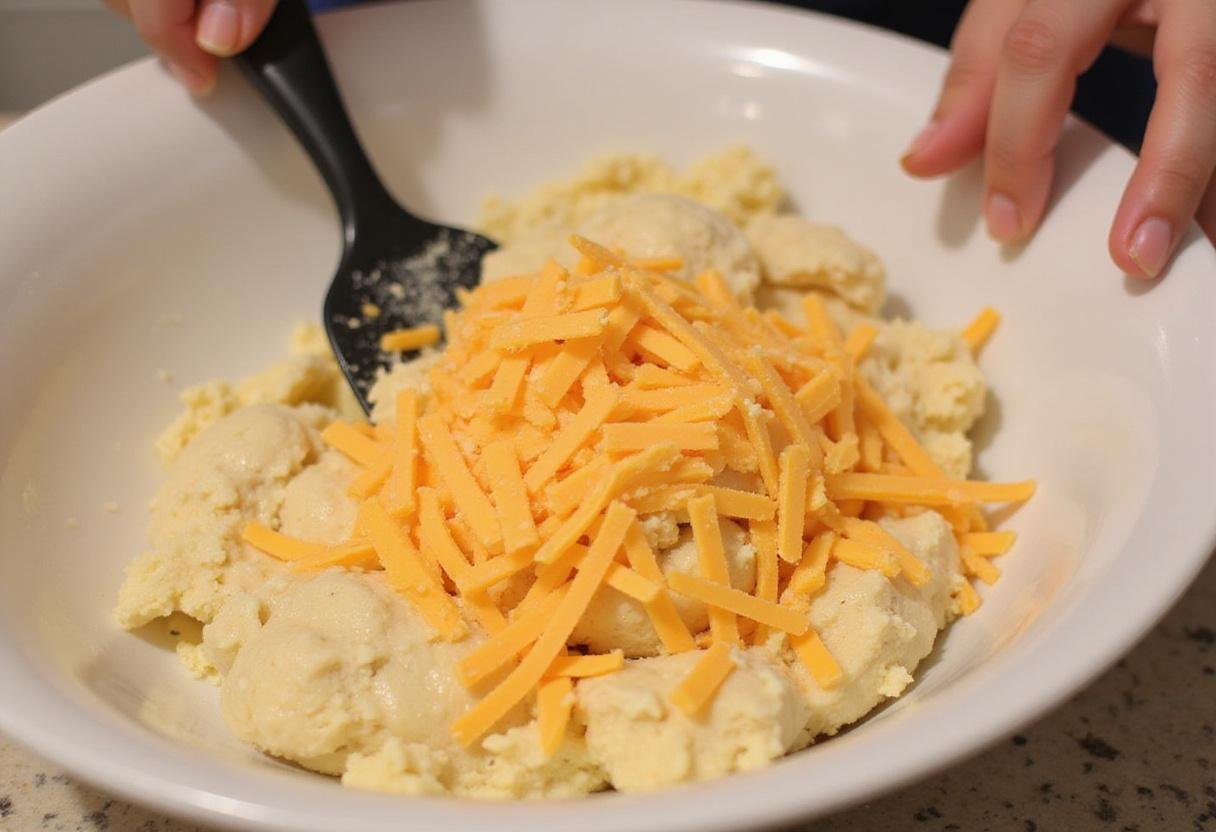 Preparing cheddar bay biscuit dough for chicken pot pie casserole to add a cheesy topping.