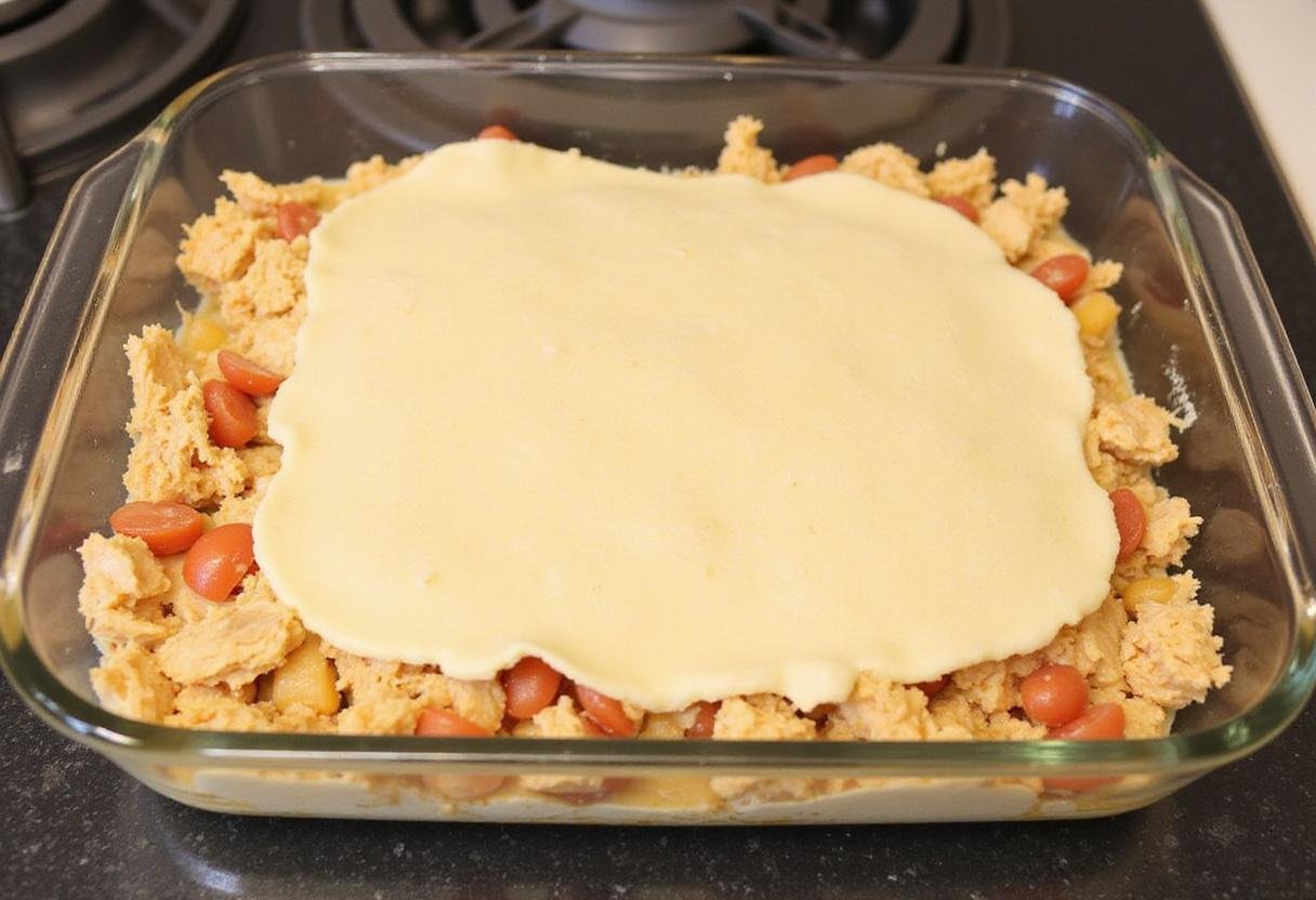 Assembling chicken pot pie casserole with cheddar bay biscuits before baking for a comforting meal.