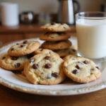 A plate of delicious chipless chocolate chip cookies perfect for serving, alongside a refreshing glass of milk.