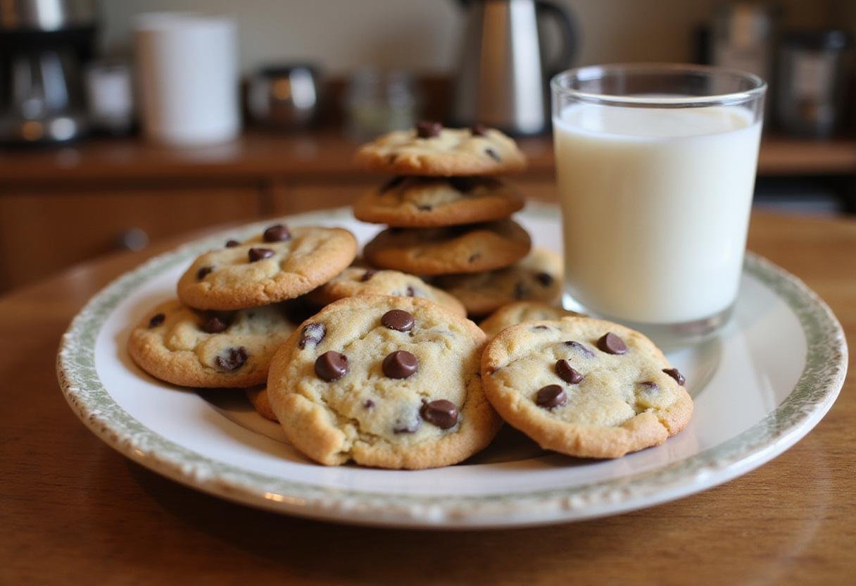 A plate of delicious chipless chocolate chip cookies perfect for serving, alongside a refreshing glass of milk.