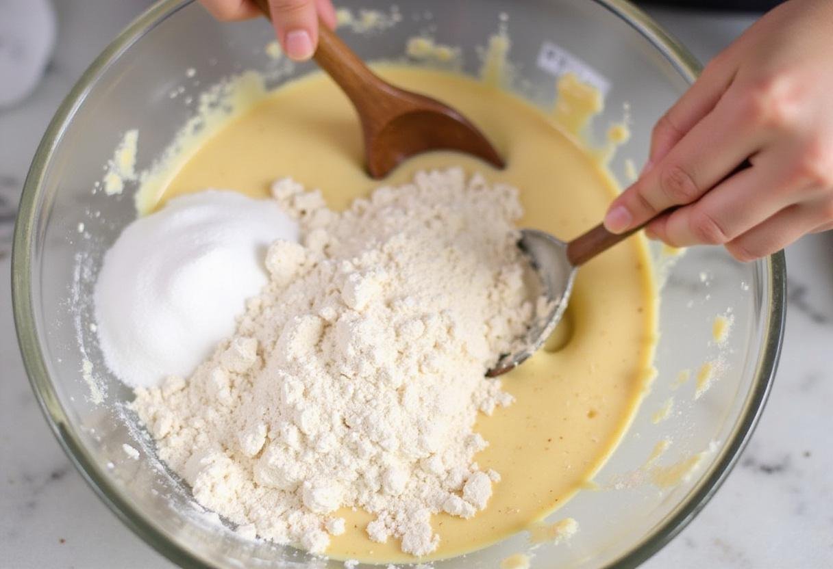 Combining dry ingredients with the creamed mixture for cookie dough in a chipless chocolate chip cookie recipe.