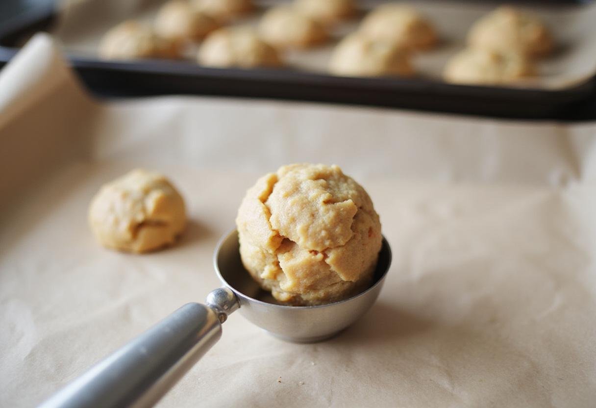Scooping cookie dough onto a baking sheet for chipless chocolate chip cookies without chocolate chips.