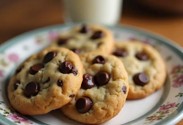 Plate of warm chocolate chip cookies without brown sugar, perfect for dessert with a glass of milk in a cozy kitchen.