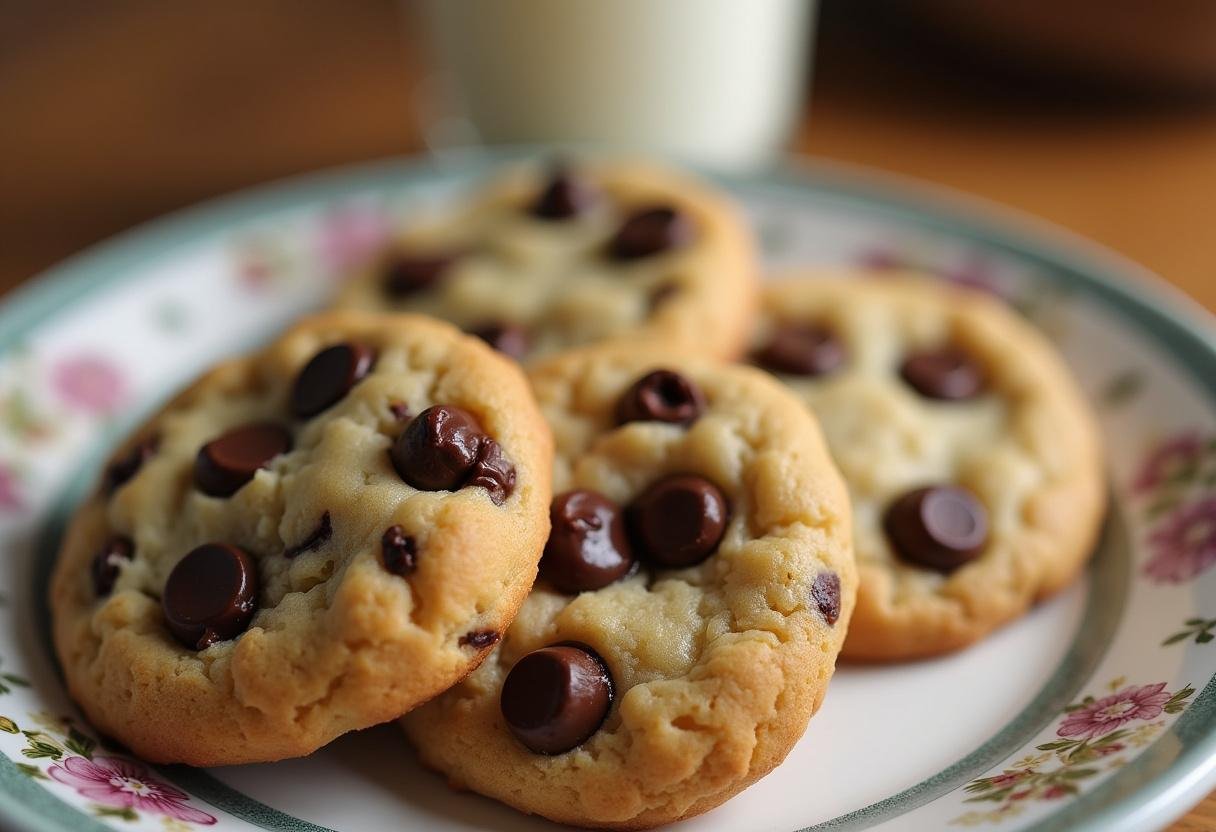 Plate of warm chocolate chip cookies without brown sugar, perfect for dessert with a glass of milk in a cozy kitchen.