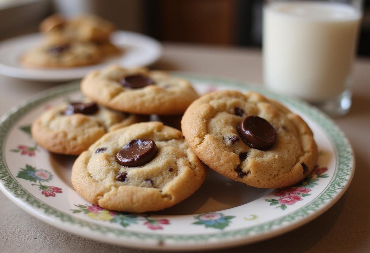 Plate of warm chocolate chip cookies without brown sugar, perfect for dessert with a glass of milk in a cozy kitchen.