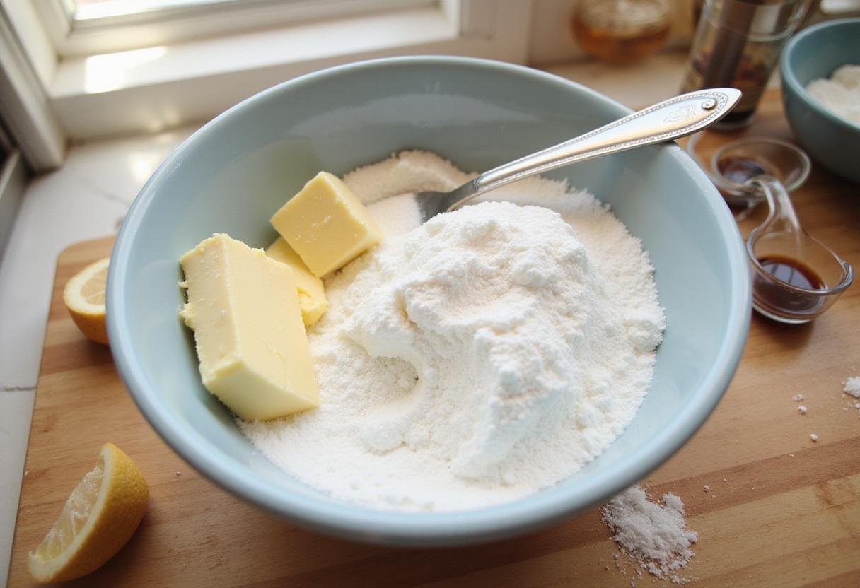Mixing bowl with sugar and butter for chocolate chip cookie recipe without brown sugar, bright kitchen with sunlight.