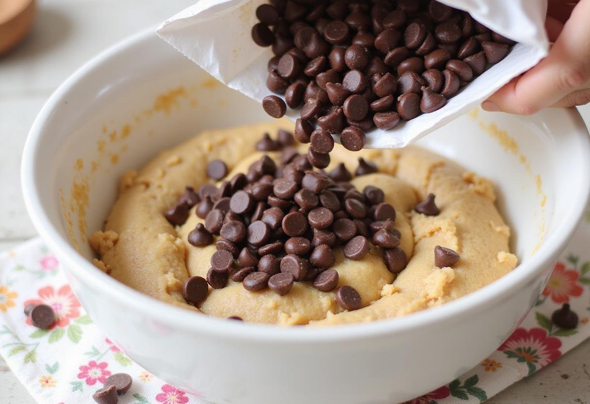 Adding chocolate chips to cookie dough for chocolate chip cookies made without brown sugar, vibrant kitchen countertop.