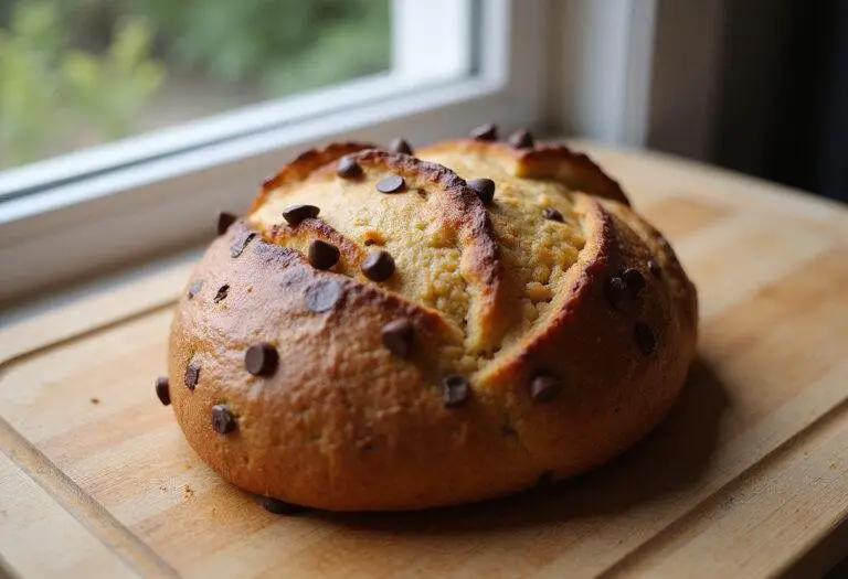 Freshly baked chocolate chip sourdough bread with a golden crust, showcasing the deliciousness of gourmet baking.