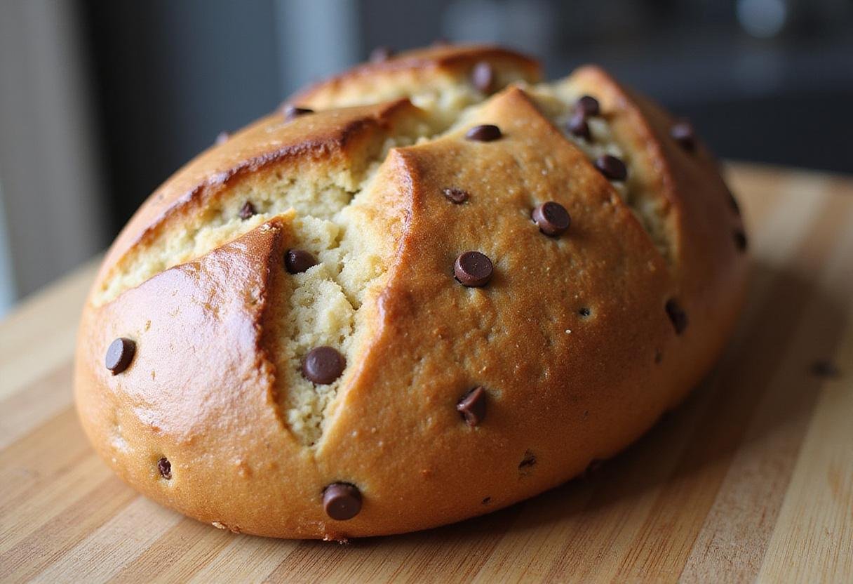 Freshly baked chocolate chip sourdough bread with a golden crust, showcasing the deliciousness of gourmet baking.