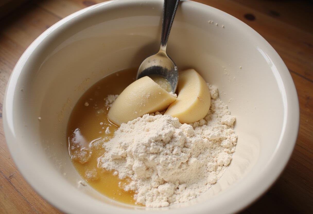 Mixing sourdough starter and flour for delicious chocolate chip sourdough bread.
