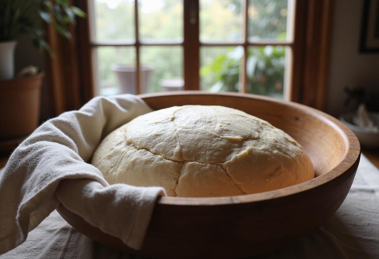 Dough rising for chocolate chip sourdough bread in a cozy kitchen setting.