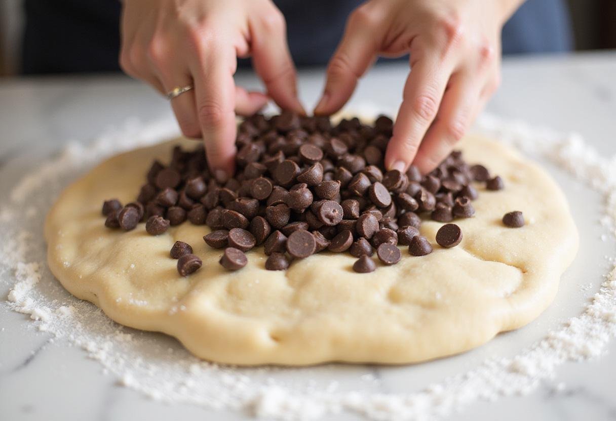 Incorporating chocolate chips into sourdough dough for a rich chocolate chip sourdough bread.