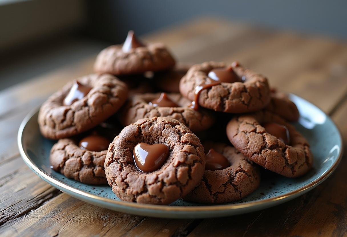Delectable chocolate and caramel cookies displayed on a plate, highlighting their rich flavors and tempting appearance.