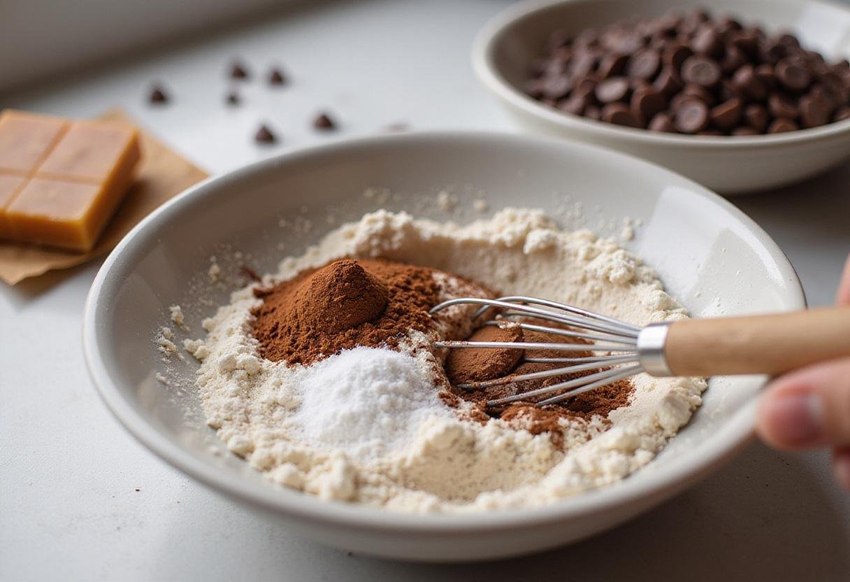 Mixing dry ingredients for chocolate and caramel cookies recipe, including flour, sugar, cocoa powder, and chocolate chips.