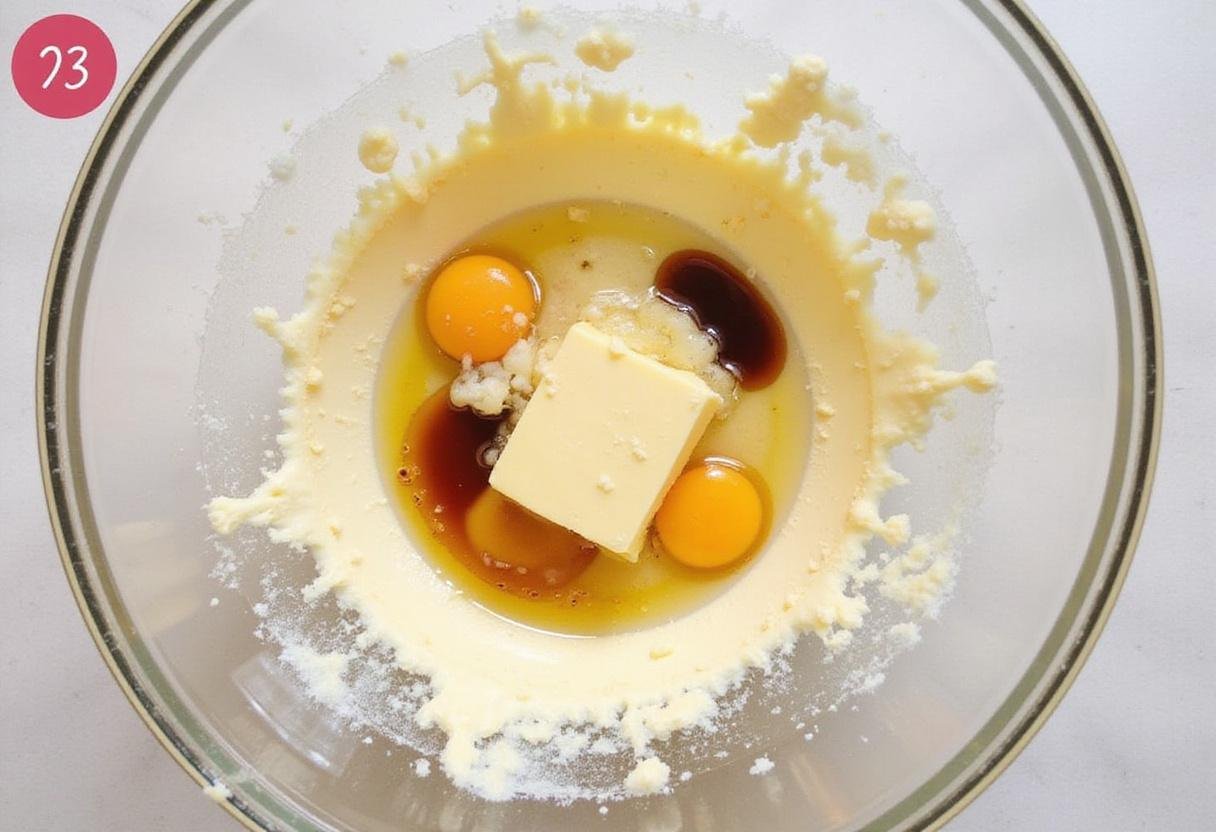 Adding butter, eggs, and vanilla extract to the cookie batter for rich chocolate caramel cookies.