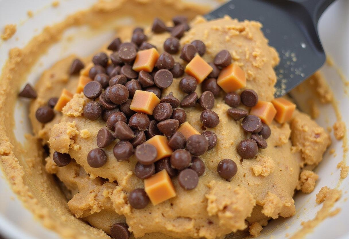 Folding chocolate chips and caramel pieces into the cookie dough for delicious chocolate caramel cookies.